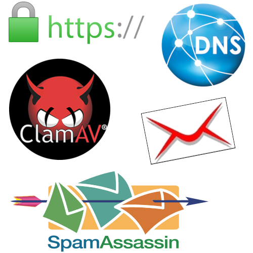 Illustration : Ensemble de logos représentant les composants de notre produit basé sur RoundCube, mais aussi ClamAv, SpamAssasin, https (certificats), DNS (enregistrement registar), logo de mail.